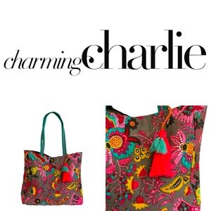 Like New! Charming Charlie RSVP Pompoms & Sequins Large Multicolor Tote